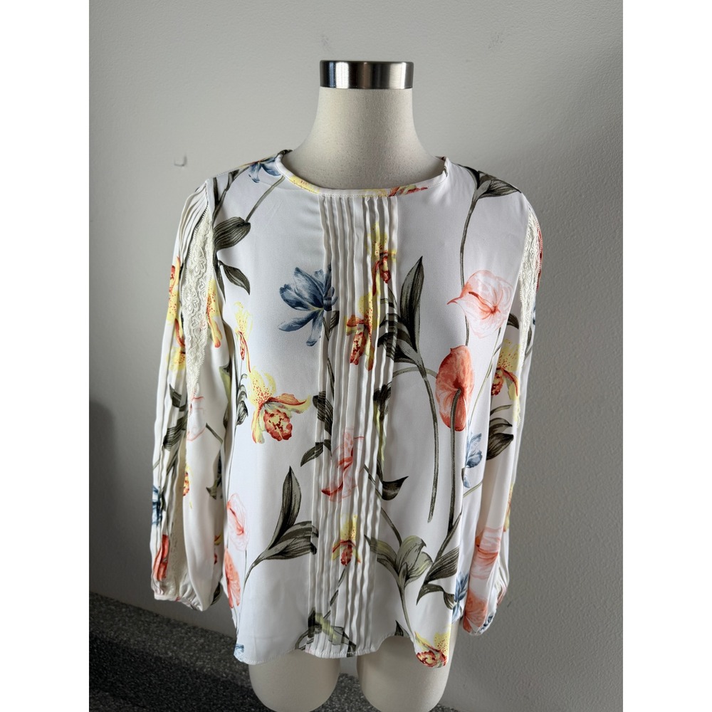 White House Black Market Womens Small Floral Pintuck Lace Sleeve Blouse